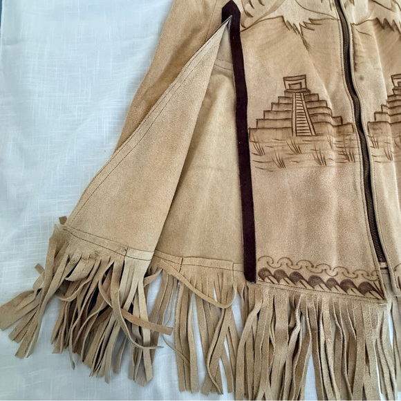 Vintage Hand Burned Pyrography Suede Leather Mexican Fringed Poncho - Picture 3 of 8